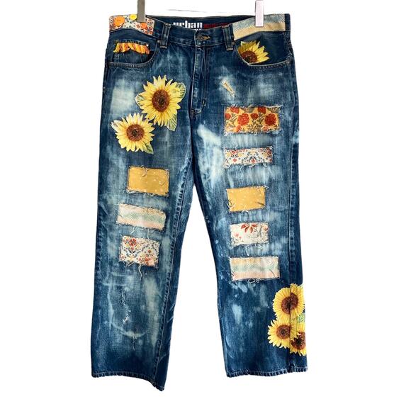 Upcyled Boyfriend Art Jeans 36 x 30 Altered Patchwork Bleach Patched Appliques - Picture 1 of 14